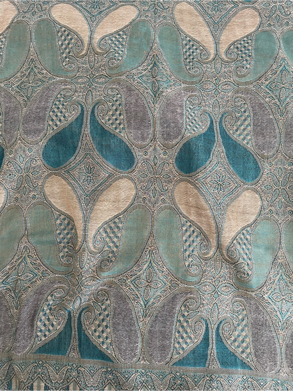 Pashmina Silk Wrap: Subtle Teal & Beige Paisley, 3-3/4" Brown Fringe. Smoke free